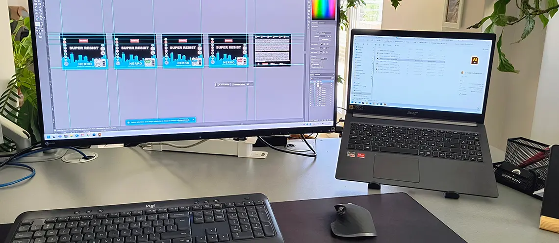 Работно място с монитор и лаптоп, adobe illustrator, създаване на етикети - Професионална уеб разработка за бизнес нужди и дигитални проекти - УебКома ООД