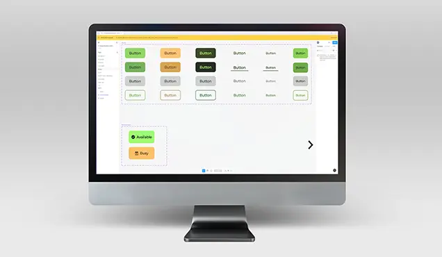Монитор с Figma, където са направени дизайн и различни варианти на бутони за уебсайт - Професионална уеб разработка за бизнес нужди и дигитални проекти - УебКома ООД