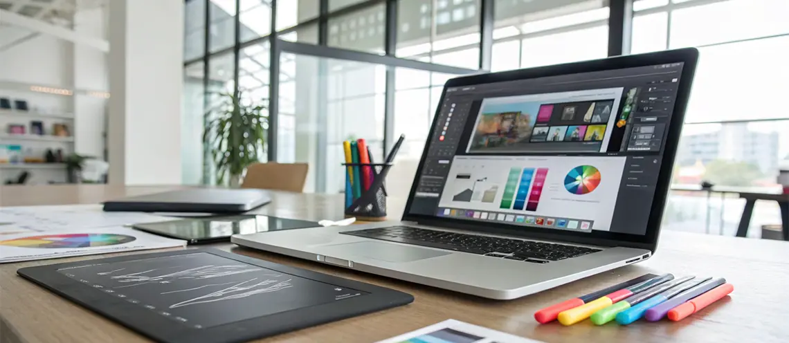 Лаптоп с програма за дизайн на дисплея - Професионална уеб разработка за бизнес нужди и дигитални проекти - УебКома ООД