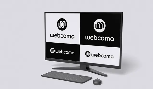 Монитор с различни варианти на логото на УебКома ООД - Професионална уеб разработка за бизнес нужди и дигитални проекти - УебКома ООД